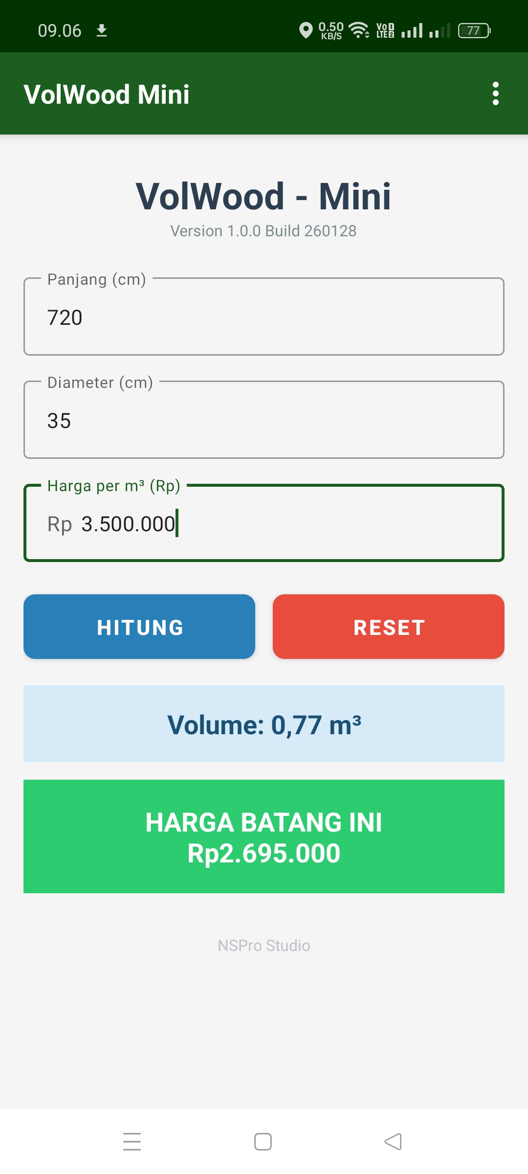 VolWood Mini - Hasil Hitung Harga